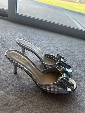 kate spade Silver Metallic Open-Toe Bow Heeled Mules